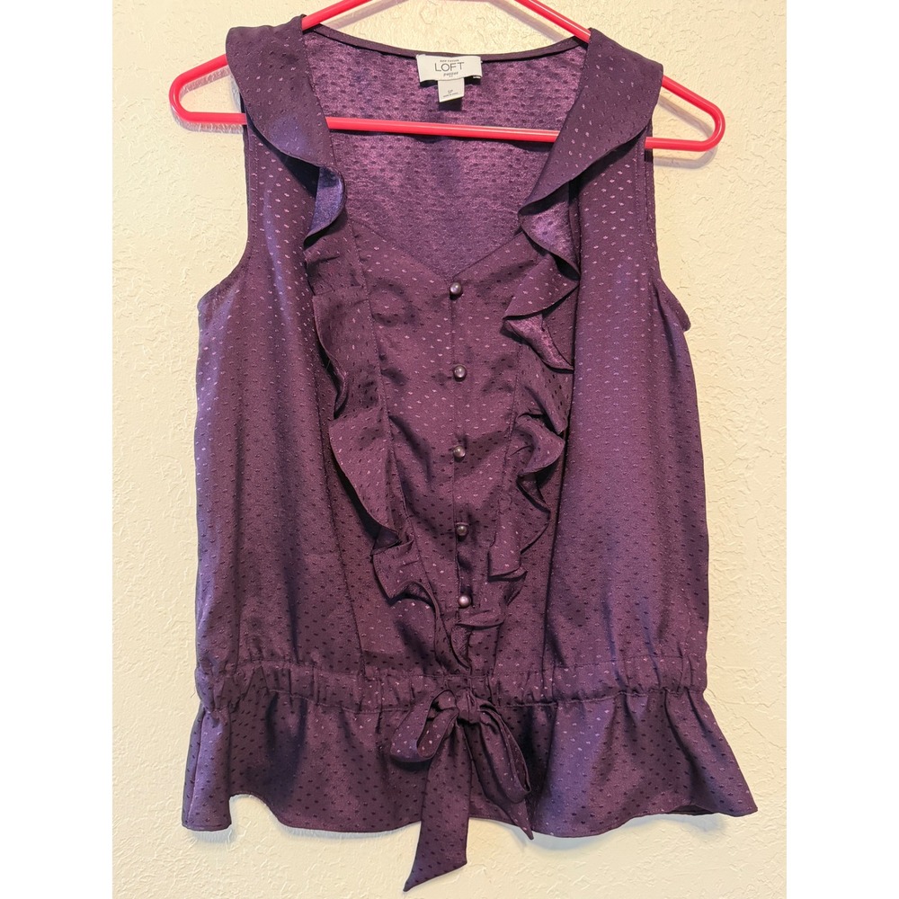 Ann Taylor LOFT Purple Ruffle Peplum Blouse Sleeveless Jacquard Dot Top SP